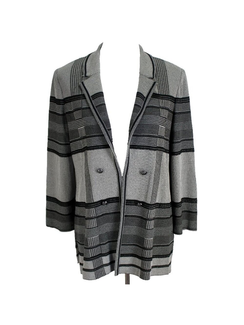 Ming Wang Sweater Knit Jacket Women Size M Black White Plaid Long Sleeve Blazer